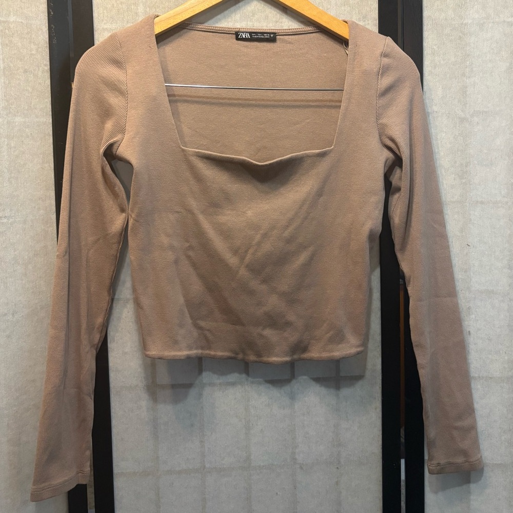 ZARA Contour Collection Ribbed Cotton Stretchy Square Neck Long Sleeve Crop Top